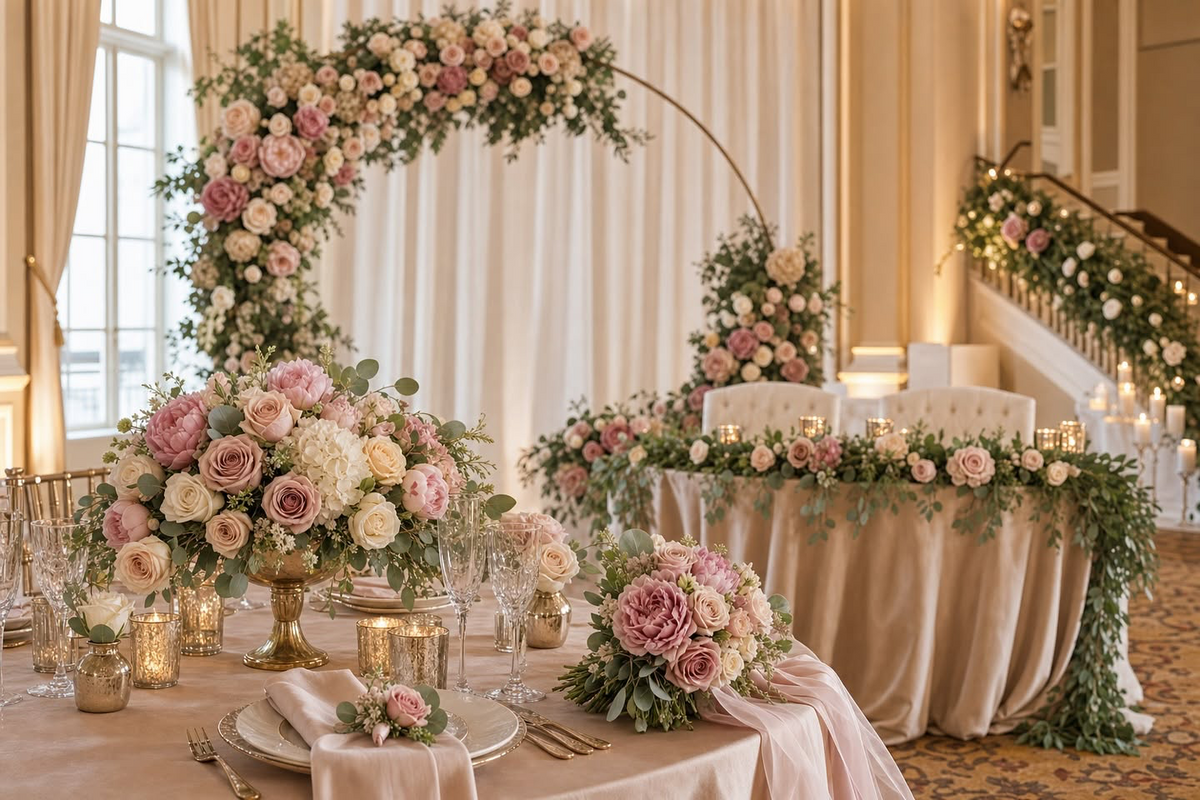 Elegant wedding reception with blush and ivory artificial flowers, floral arch and table centerpieces