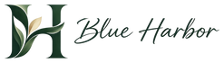 Blue Harbor horizontal logo with botanical green leaf monogram and green script wordmark, transparent background